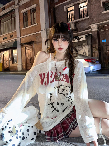 Majica s anime printom, labavog kroja, dugi rukavi, okrugli izrez, pamuk-lin smjesa s elastanom