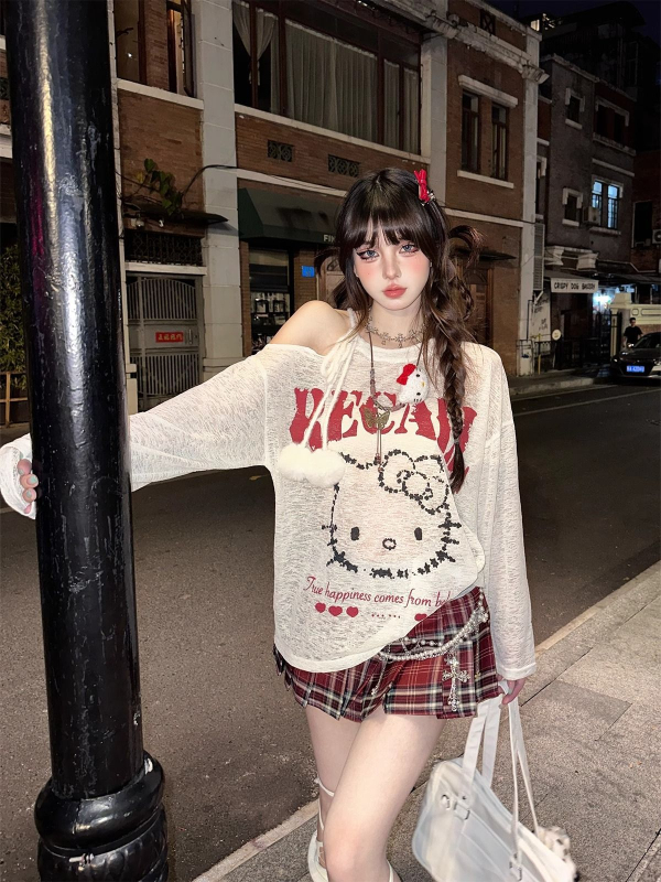 Majica s anime printom, labavog kroja, dugi rukavi, okrugli izrez, pamuk-lin smjesa s elastanom