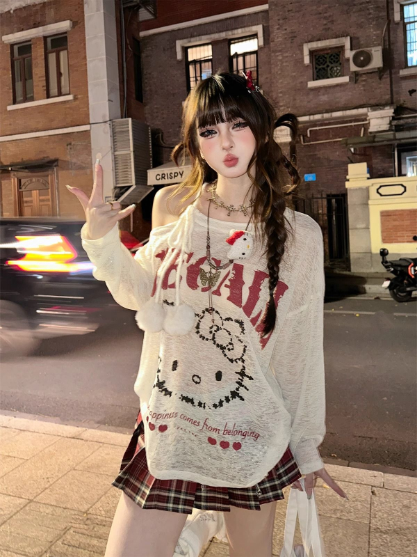 Majica s anime printom, labavog kroja, dugi rukavi, okrugli izrez, pamuk-lin smjesa s elastanom