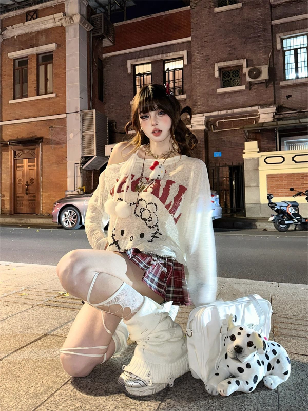 Majica s anime printom, labavog kroja, dugi rukavi, okrugli izrez, pamuk-lin smjesa s elastanom