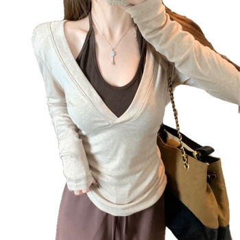 Top s dugim rukavima, u korejskom stilu halter-neck, lažni dvodijelni silueta, sužava struk, poliester, jesen 2025