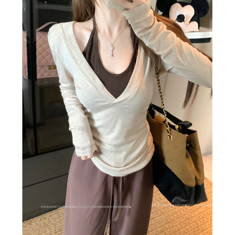 Top s dugim rukavima, u korejskom stilu halter-neck, lažni dvodijelni silueta, sužava struk, poliester, jesen 2025