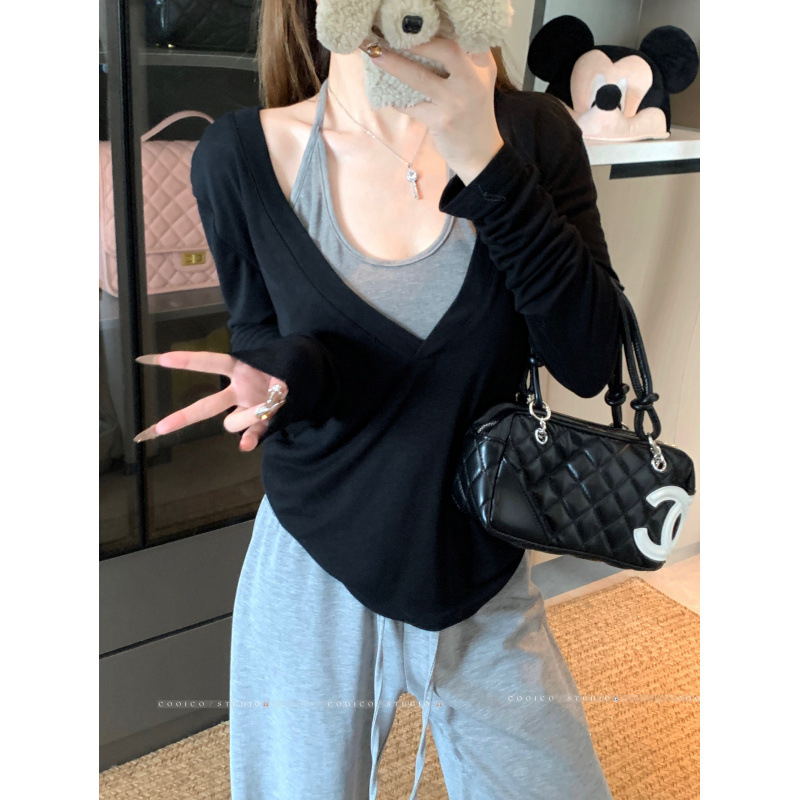 Top s dugim rukavima, u korejskom stilu halter-neck, lažni dvodijelni silueta, sužava struk, poliester, jesen 2025