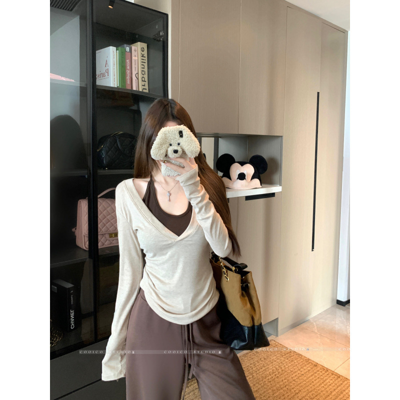 Top s dugim rukavima, u korejskom stilu halter-neck, lažni dvodijelni silueta, sužava struk, poliester, jesen 2025