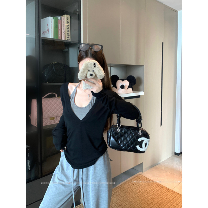 Top s dugim rukavima, u korejskom stilu halter-neck, lažni dvodijelni silueta, sužava struk, poliester, jesen 2025