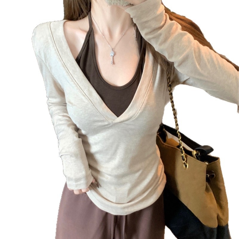 Top s dugim rukavima, u korejskom stilu halter-neck, lažni dvodijelni silueta, sužava struk, poliester, jesen 2025