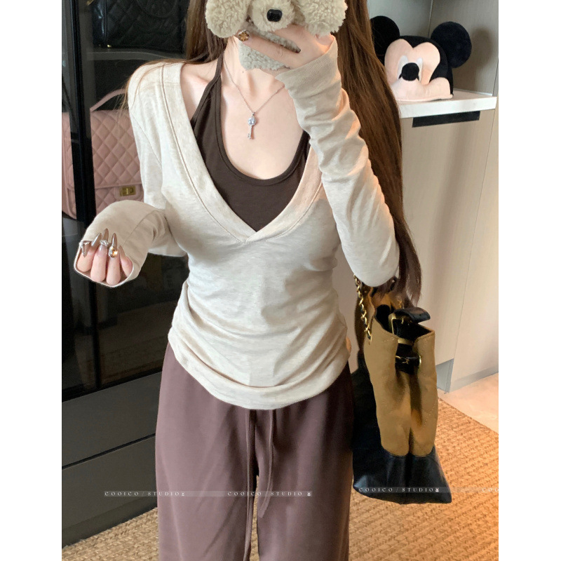 Top s dugim rukavima, u korejskom stilu halter-neck, lažni dvodijelni silueta, sužava struk, poliester, jesen 2025