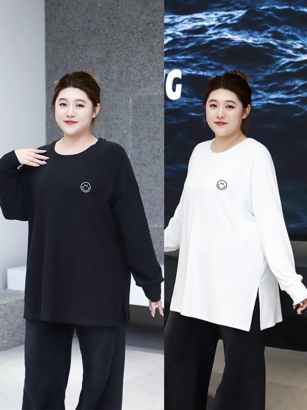 Ženski zimski debeli izšiveni top – okrugli ovratnik, raglan rukavi, nasmiješeni uzorak, 80-90% poliester, <30% spandex, korejski stil