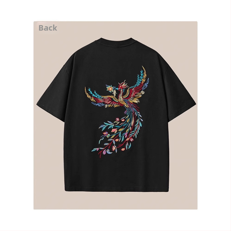 Tričko s výšivkou fénixa, 260 g ťažká čistá bavlna, voľný strih, okrúhly výstrih, krátke rukávy