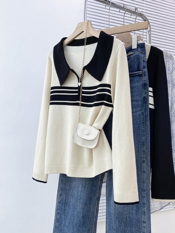 Női polo nyakú kötött felső, tagolt csíkokkal, laza fazon, gyapjú anyag, hosszú ujjú, háromdimenziós szabás