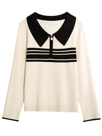Női polo nyakú kötött felső, tagolt csíkokkal, laza fazon, gyapjú anyag, hosszú ujjú, háromdimenziós szabás