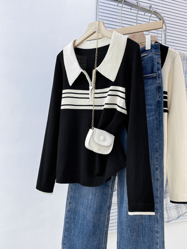 Női polo nyakú kötött felső, tagolt csíkokkal, laza fazon, gyapjú anyag, hosszú ujjú, háromdimenziós szabás