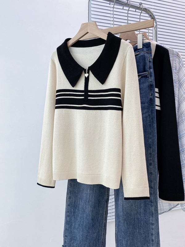 Női polo nyakú kötött felső, tagolt csíkokkal, laza fazon, gyapjú anyag, hosszú ujjú, háromdimenziós szabás
