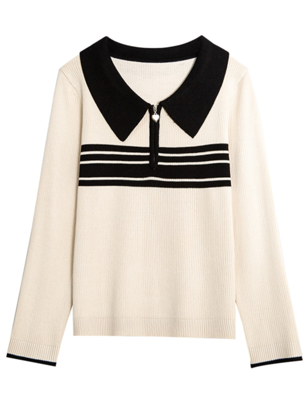 Női polo nyakú kötött felső, tagolt csíkokkal, laza fazon, gyapjú anyag, hosszú ujjú, háromdimenziós szabás