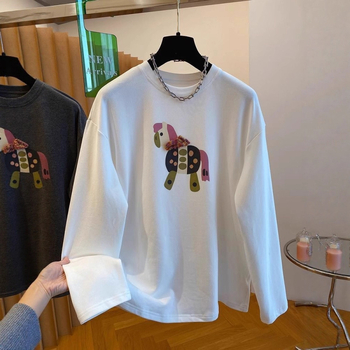 Tricou damă cu mâneci lungi, imprimeu cu desene animate, material Derong velur interior, amestec de bumbac 30–50%, croială lejeră, stil japonez-coreean