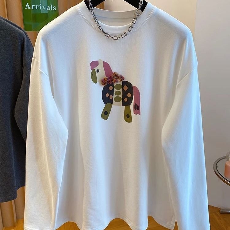 Tricou damă cu mâneci lungi, imprimeu cu desene animate, material Derong velur interior, amestec de bumbac 30–50%, croială lejeră, stil japonez-coreean