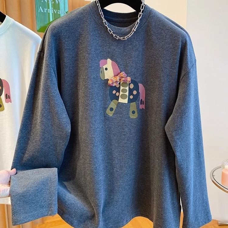 Tricou damă cu mâneci lungi, imprimeu cu desene animate, material Derong velur interior, amestec de bumbac 30–50%, croială lejeră, stil japonez-coreean