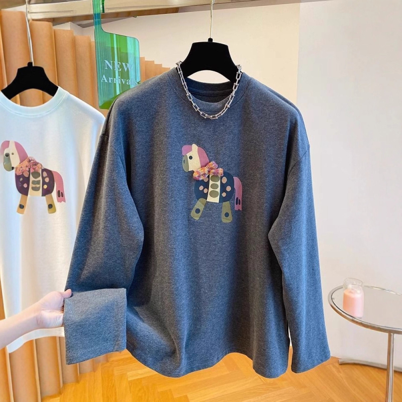 Tricou damă cu mâneci lungi, imprimeu cu desene animate, material Derong velur interior, amestec de bumbac 30–50%, croială lejeră, stil japonez-coreean