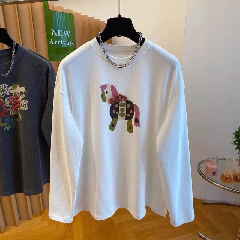 Tricou damă cu mâneci lungi, imprimeu cu desene animate, material Derong velur interior, amestec de bumbac 30–50%, croială lejeră, stil japonez-coreean