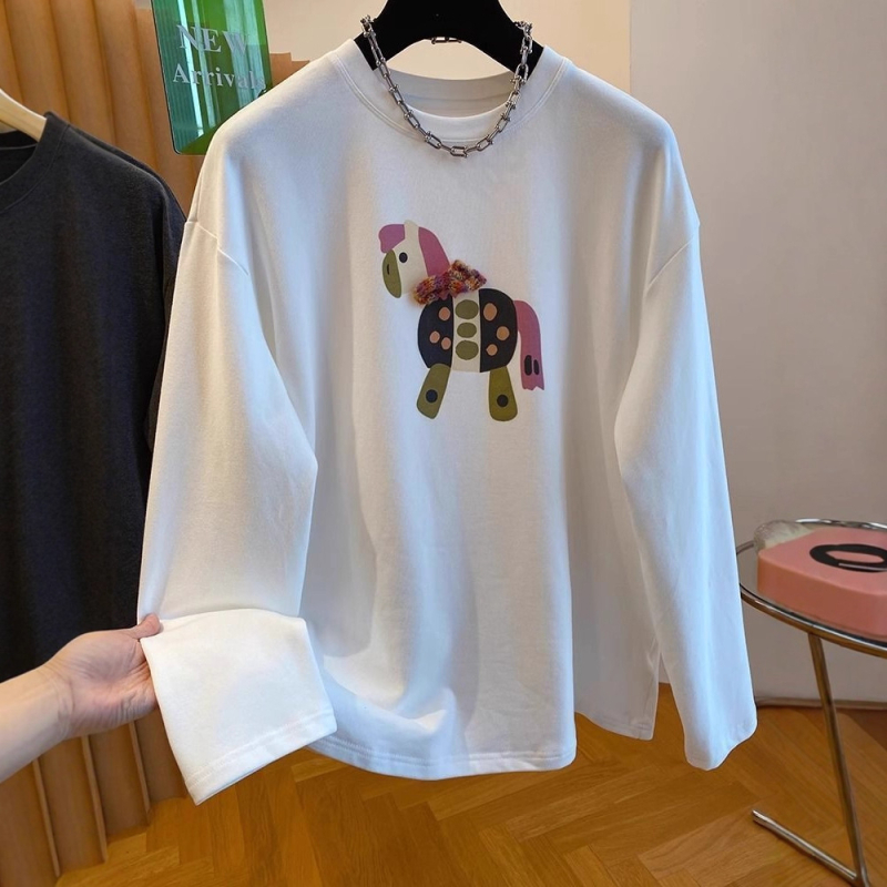 Tricou damă cu mâneci lungi, imprimeu cu desene animate, material Derong velur interior, amestec de bumbac 30–50%, croială lejeră, stil japonez-coreean