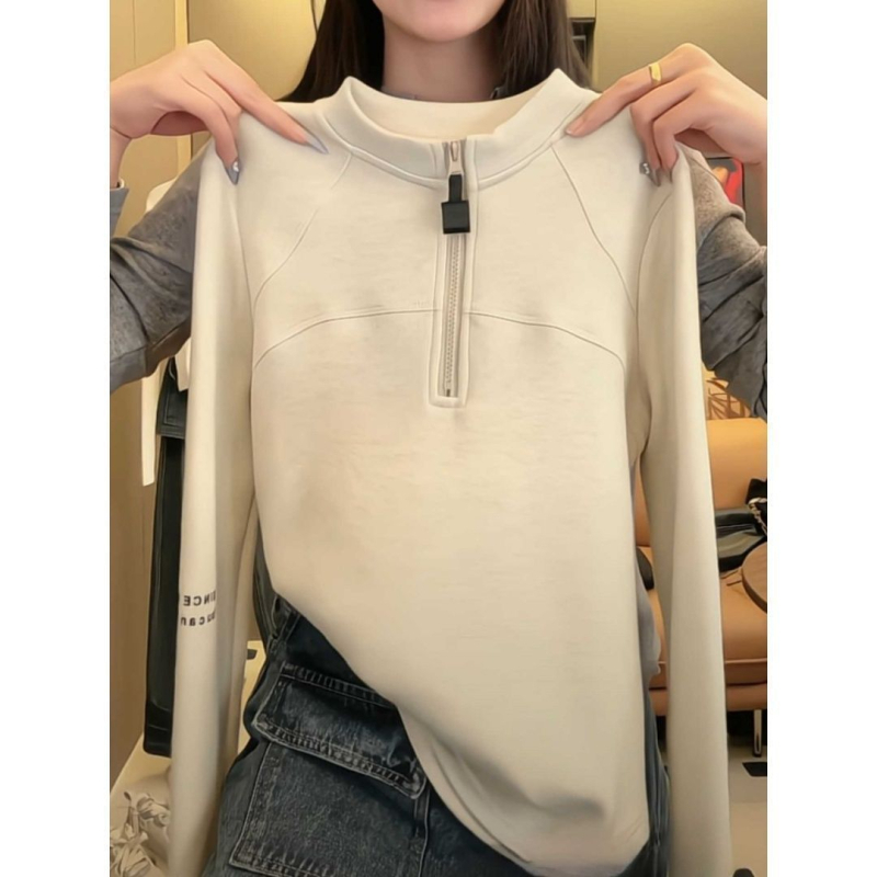 Γυναικεία T-shirt με κουκούλα σε κορεατικό στυλ, χαλαρή γραμμή (πολυεστέρας 90–95%, ένα χρώμα, μακριά μανίκια, πάνελ ραφές, ημι-φερμουάρ)