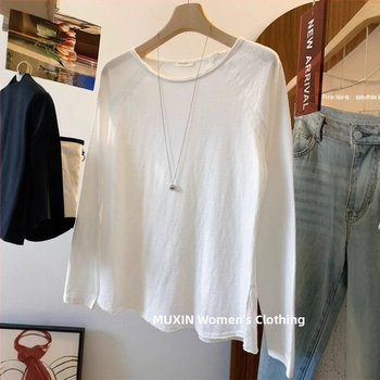 Ženski pamukasti T‑shirt s dugim rukavima, jednobojna boja, raglan rukavi, rolani rub, okrugli izrez, ležeran kroj, jesen 2025