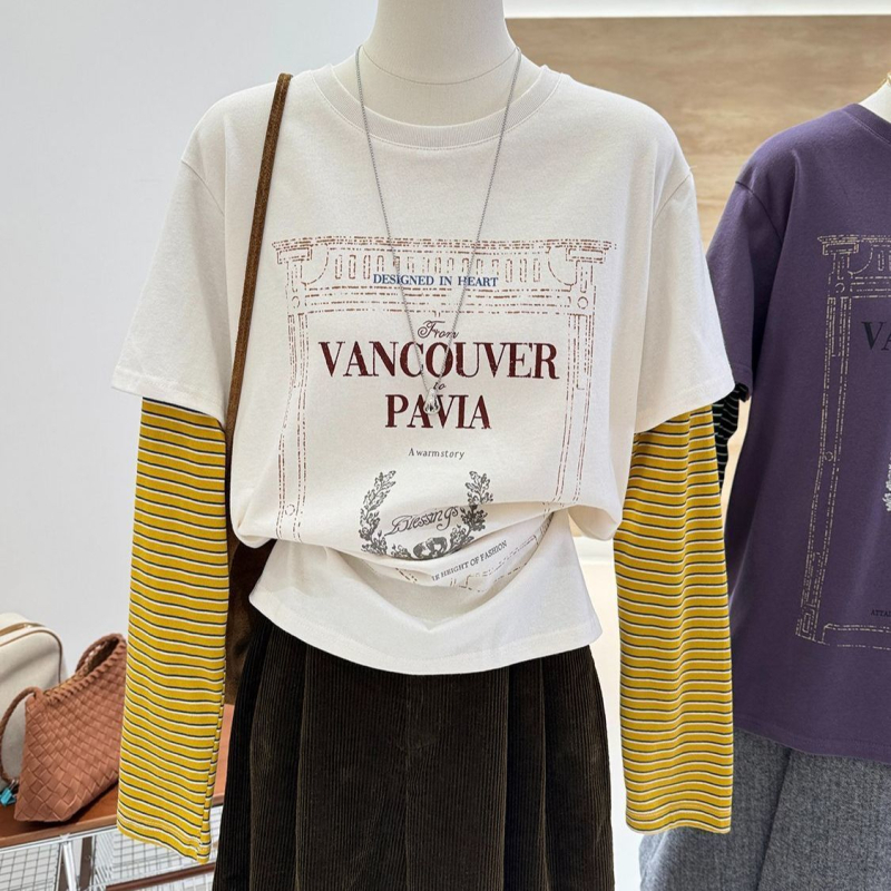 Top din bumbac cu mâneci lungi, design patchwork și dungi, set fals din două piese, guler rotund