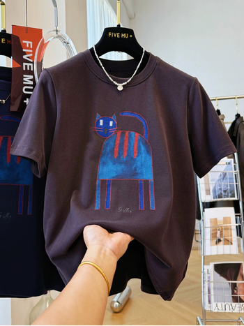 Majica T‑shirt s tiskom mačkice iz crtića, kratki rukavi, okrugli izrez, labav kroj
