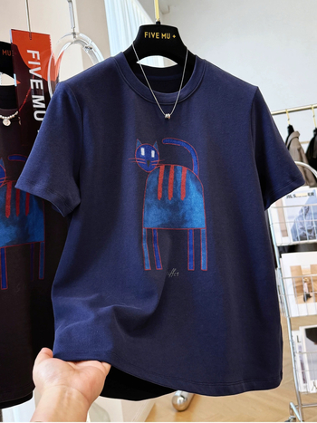 Majica T‑shirt s tiskom mačkice iz crtića, kratki rukavi, okrugli izrez, labav kroj