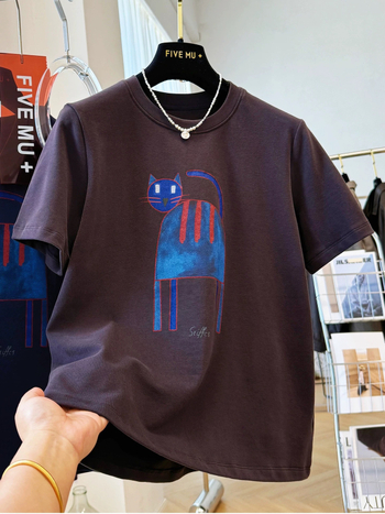 Majica T‑shirt s tiskom mačkice iz crtića, kratki rukavi, okrugli izrez, labav kroj