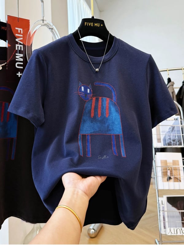 Majica T‑shirt s tiskom mačkice iz crtića, kratki rukavi, okrugli izrez, labav kroj