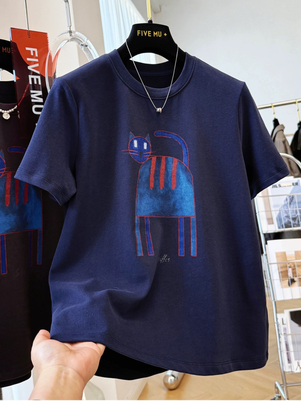 Majica T‑shirt s tiskom mačkice iz crtića, kratki rukavi, okrugli izrez, labav kroj
