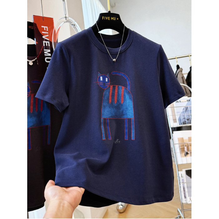 Majica T‑shirt s tiskom mačkice iz crtića, kratki rukavi, okrugli izrez, labav kroj