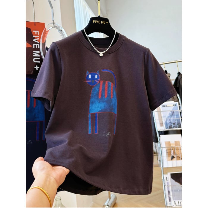 Majica T‑shirt s tiskom mačkice iz crtića, kratki rukavi, okrugli izrez, labav kroj