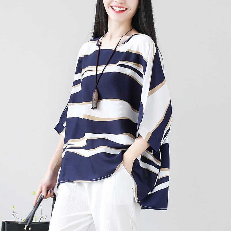 Prugasti pamuk T-shirt s okruglim izrezom, polu rukav, pamuk-blend (30–50% pamuka), Ljeto 2024