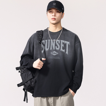 Pamučna majica s dugim rukavima, tisk slovima, 320 g, okrugli izrez, spuštena ramena, prozračna, odvodi vlagu, jesen 2025