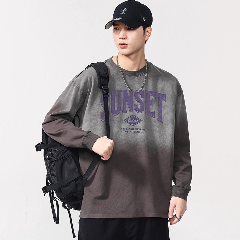 Pamučna majica s dugim rukavima, tisk slovima, 320 g, okrugli izrez, spuštena ramena, prozračna, odvodi vlagu, jesen 2025