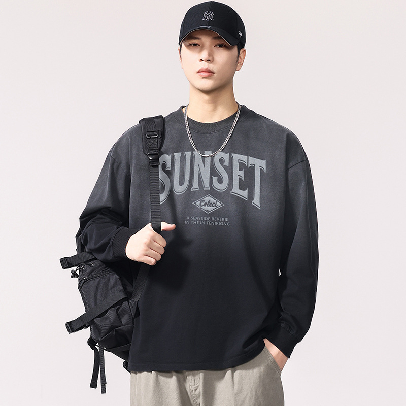 Pamučna majica s dugim rukavima, tisk slovima, 320 g, okrugli izrez, spuštena ramena, prozračna, odvodi vlagu, jesen 2025