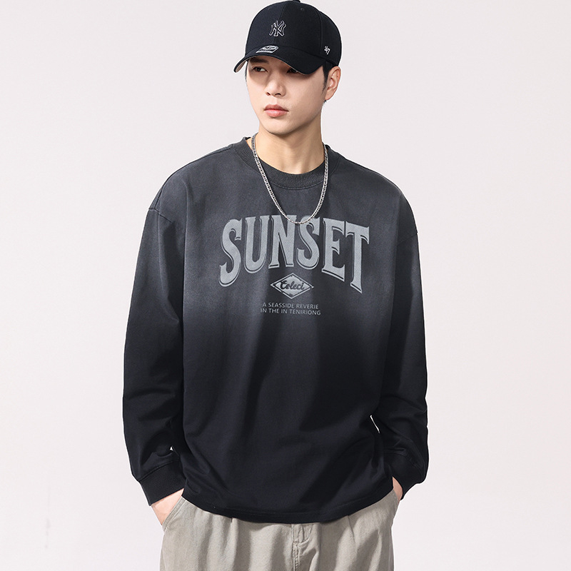 Pamučna majica s dugim rukavima, tisk slovima, 320 g, okrugli izrez, spuštena ramena, prozračna, odvodi vlagu, jesen 2025