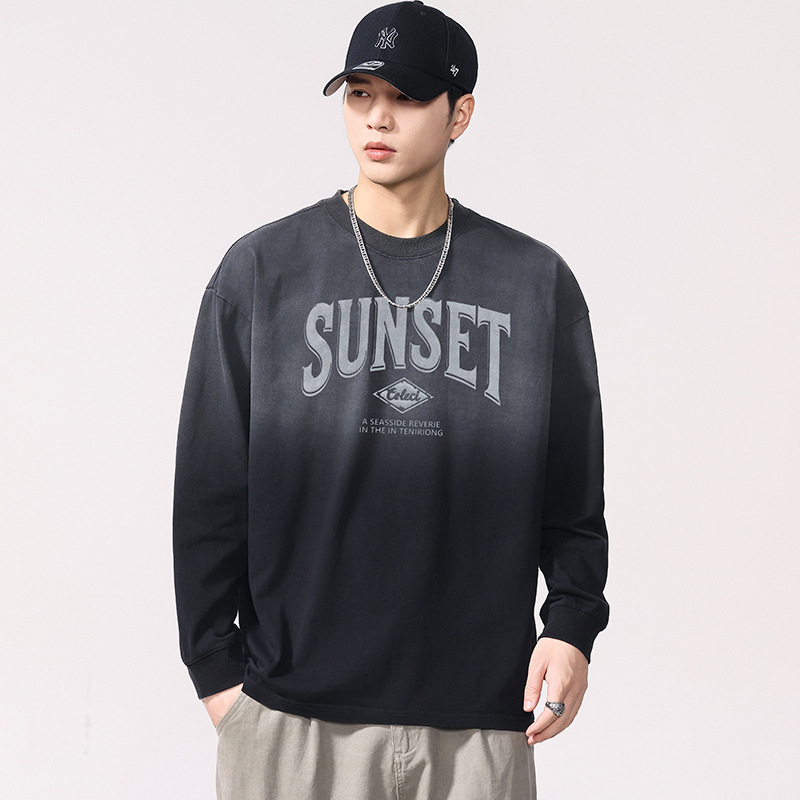 Pamučna majica s dugim rukavima, tisk slovima, 320 g, okrugli izrez, spuštena ramena, prozračna, odvodi vlagu, jesen 2025