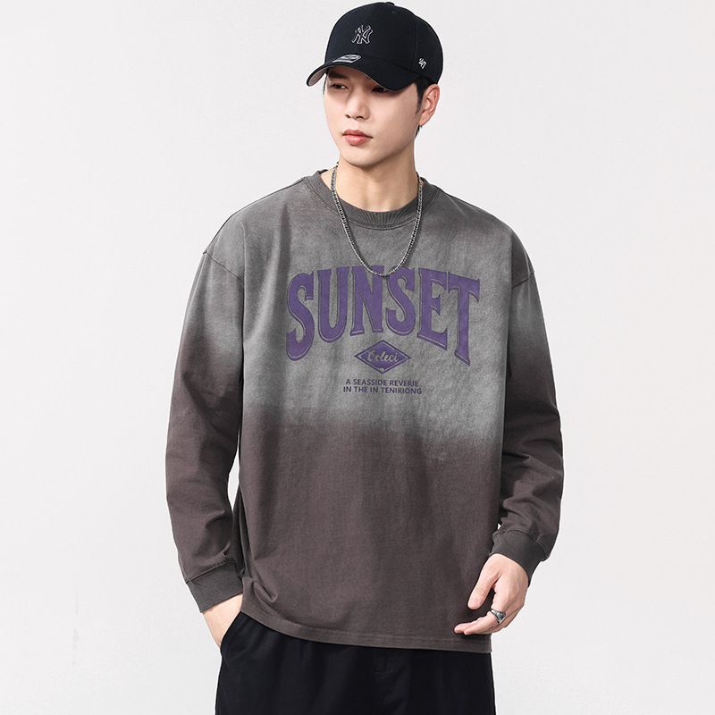 Pamučna majica s dugim rukavima, tisk slovima, 320 g, okrugli izrez, spuštena ramena, prozračna, odvodi vlagu, jesen 2025