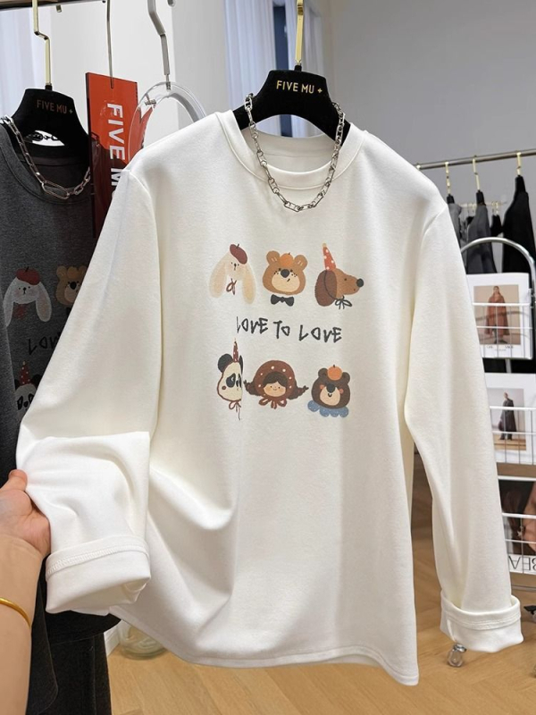 Ženski T-shirt s mekanim unutarnjim dijelom, okrugli izrez, dugi rukavi, široki kroj, anime karikatura uzorak