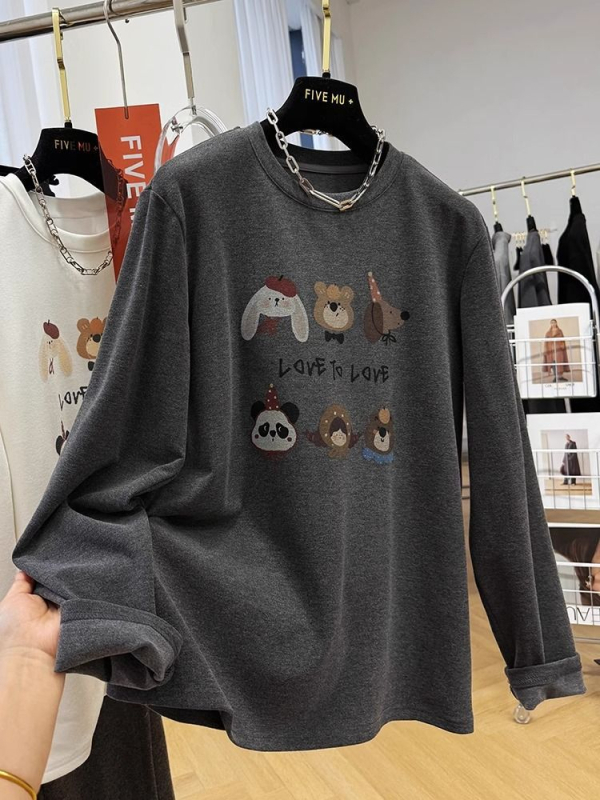 Ženski T-shirt s mekanim unutarnjim dijelom, okrugli izrez, dugi rukavi, široki kroj, anime karikatura uzorak