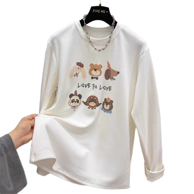 Ženski T-shirt s mekanim unutarnjim dijelom, okrugli izrez, dugi rukavi, široki kroj, anime karikatura uzorak
