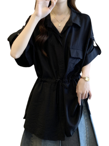 Plus-Size γυναικείο τοπ εργασίας με Henley γιακά, κοντά μανίκια, κορδόνια στη μέση, μεσαίου μήκους