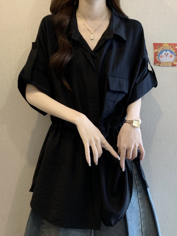 Plus-Size γυναικείο τοπ εργασίας με Henley γιακά, κοντά μανίκια, κορδόνια στη μέση, μεσαίου μήκους