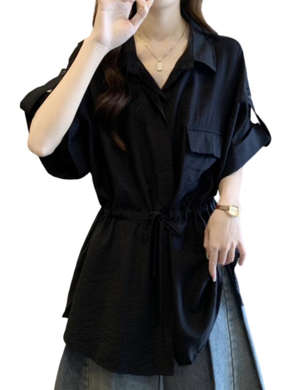 Plus-Size γυναικείο τοπ εργασίας με Henley γιακά, κοντά μανίκια, κορδόνια στη μέση, μεσαίου μήκους