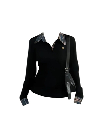 Tricou dama cu mânecă lungă, guler tip lapel, patchwork, țesătură chenille, model în grilă, croială Slim, tăietură tridimensională