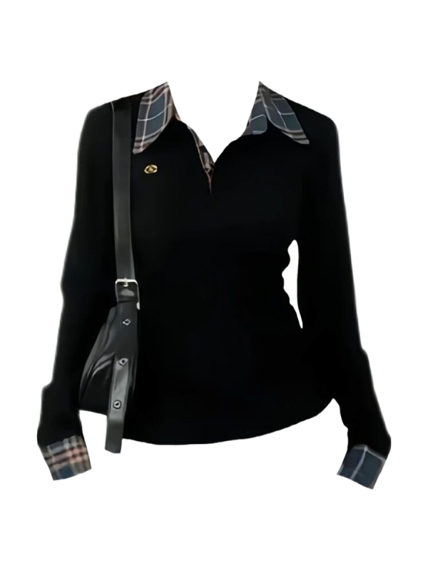 Tricou dama cu mânecă lungă, guler tip lapel, patchwork, țesătură chenille, model în grilă, croială Slim, tăietură tridimensională