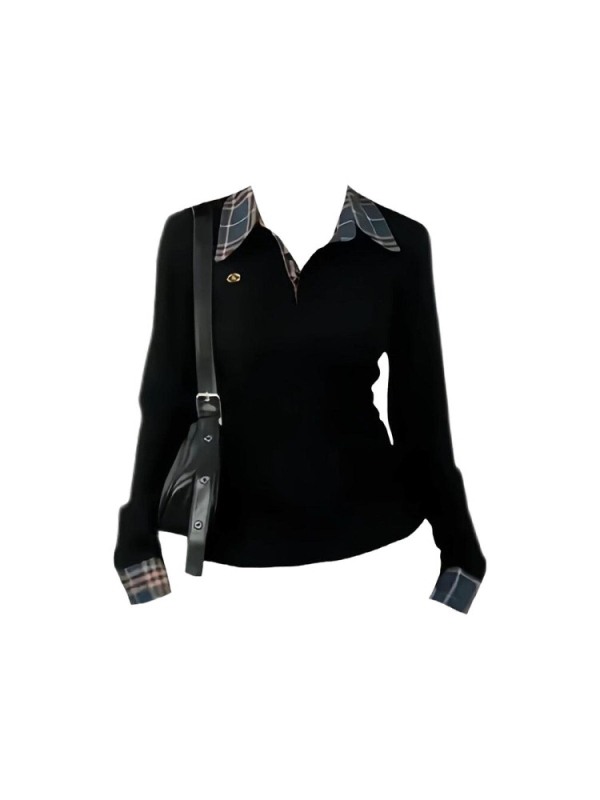 Tricou dama cu mânecă lungă, guler tip lapel, patchwork, țesătură chenille, model în grilă, croială Slim, tăietură tridimensională